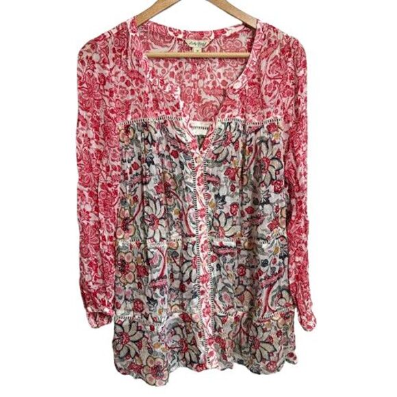 Lucky Brand Womens Blouse M Red Floral Button Up Rayon Semi Sheer - Picture 1 of 8